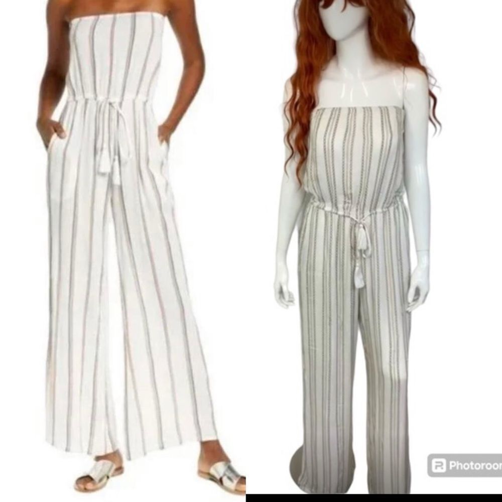 Elan Camilla Ivory Olive Green Striped Staples Wide Leg Cover Up Jumpsuit M